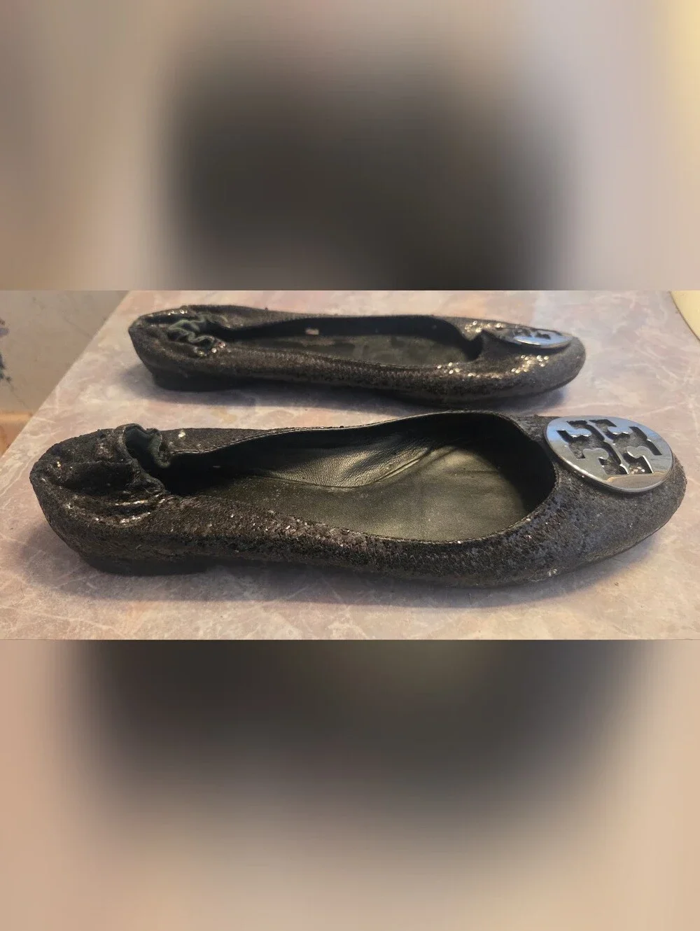 Tory Burch Black Glitter Logo Ballet Flat